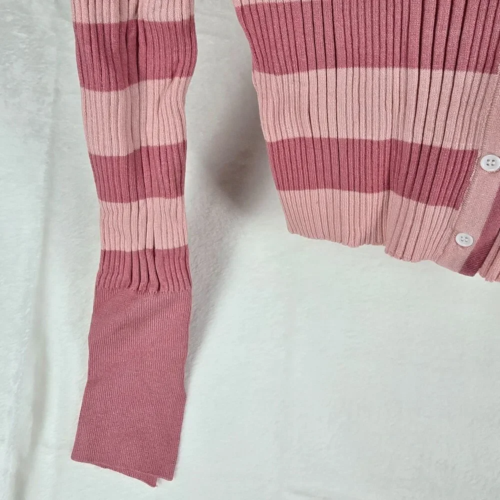 Striped Cropped Cardigan Women Large Pink Maroon Ribbed Knit V-Neck Sweater Top - Picture 3 of 7